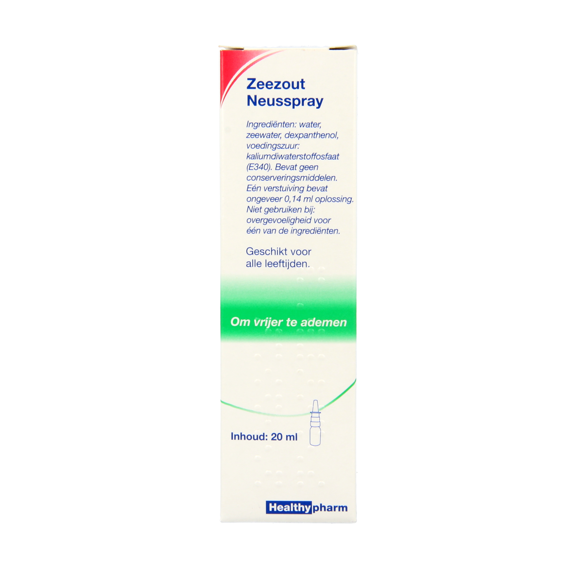Healthypharm Zeezout nasal spray 20ml, natural saline solution for nasal care and inhalation, in a clear spray bottle.