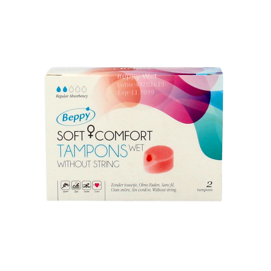 Beppy Soft+ comfort tampons, wet, 2-pack, for women, soft and discreet application, feminine hygiene product.