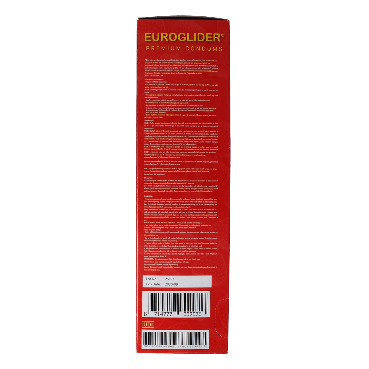 Asha Condooms aardbei flavor, pack of 144, showing colorful strawberry-themed condom packaging with multiple condoms inside.