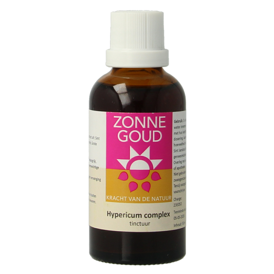 Zonnegoud Hypericum complex herbal supplement bottle from Kruidenpreparaten line, 50ml, with label and cap visible.