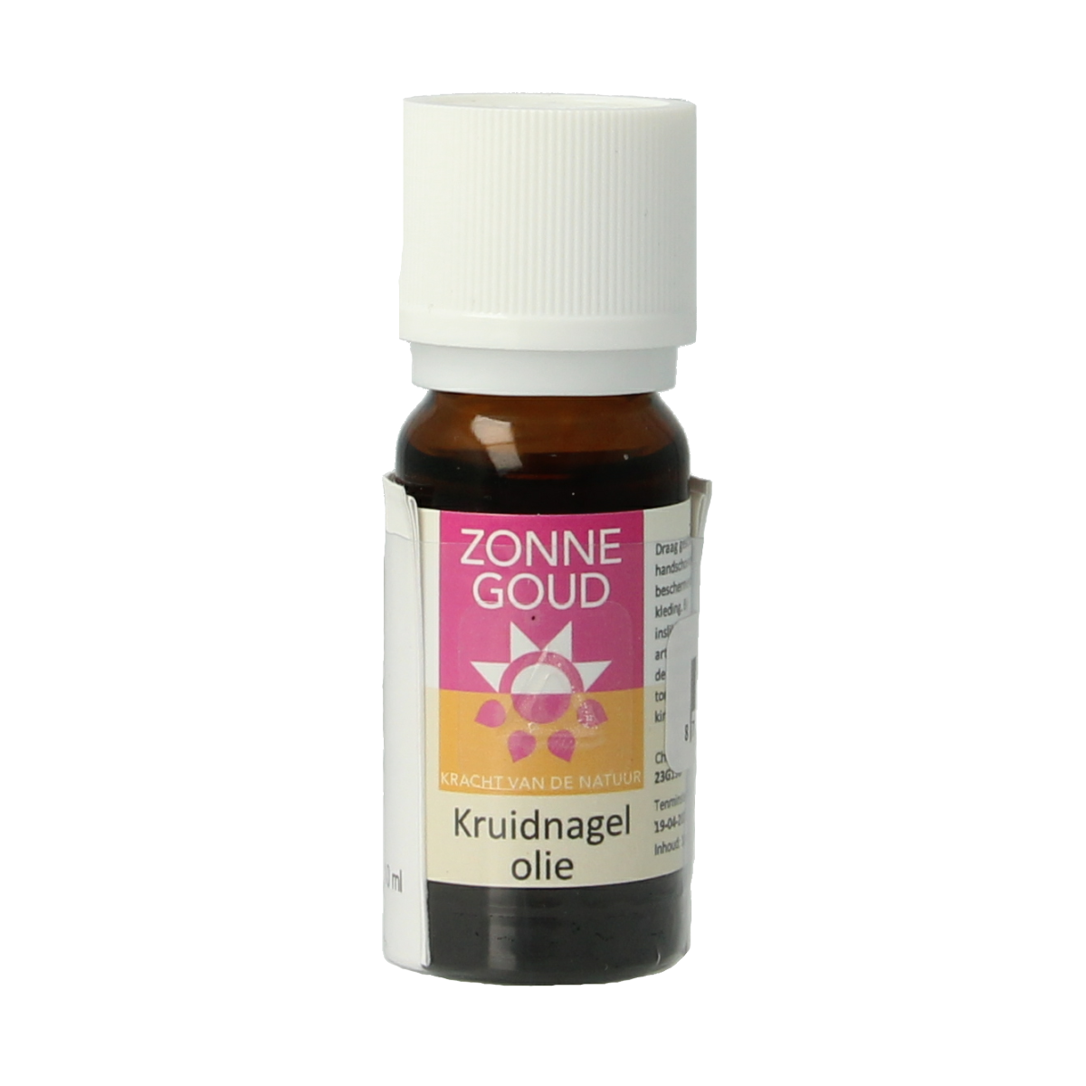 Zonnegoud kruidnagel etherische olie in 10ml bottle, amber glass with label, for aromatherapy and natural health use