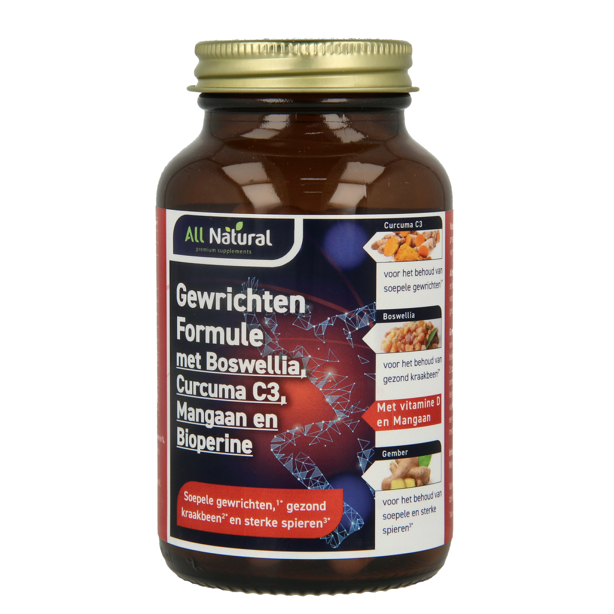 All Natural Gewrichten formule vegetarian capsules, herbal supplement in a clear bottle with label, designed for joint support.