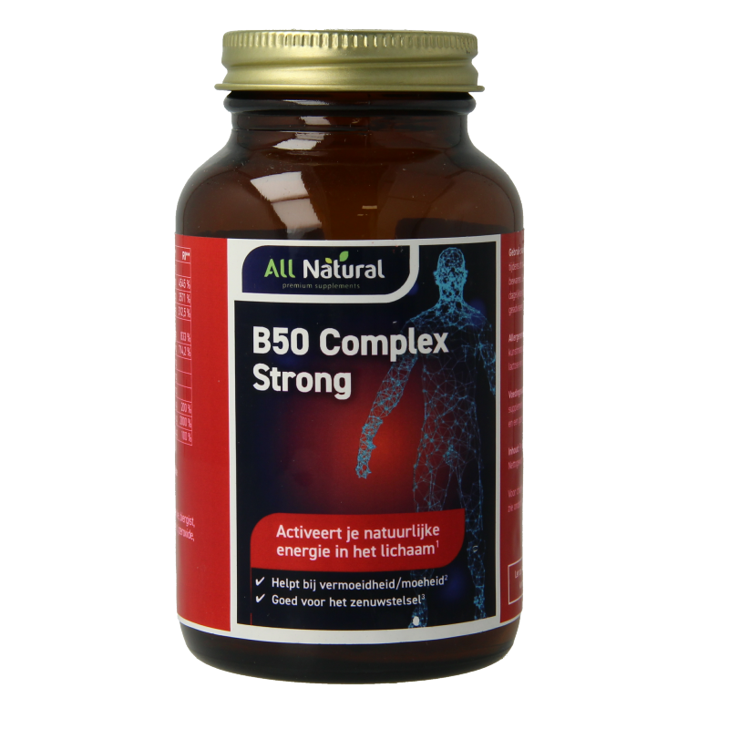 All Natural Vitamin B50 complex supplement capsules in a bottle, showing the label with 60 capsules for overall health support.
