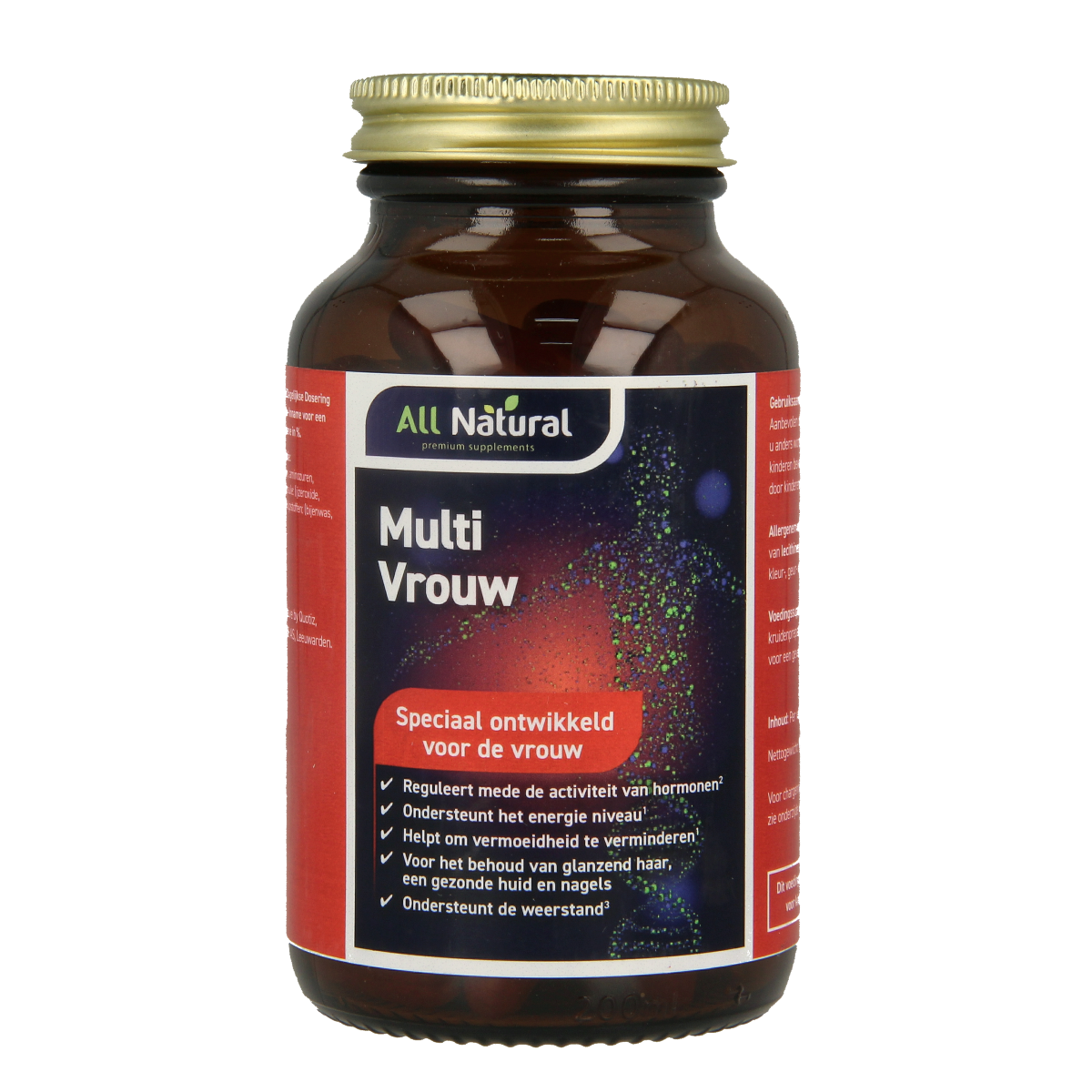 All Natural Multi vrouw vitamin capsules in a bottle, showing the colorful capsules of the multivitamin supplement.