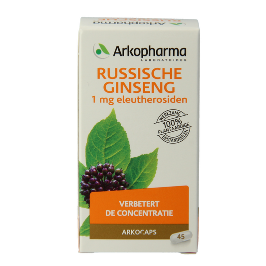 Arkocaps Russische Ginseng Bio capsules in a bottle, herbal supplement from Arkocaps for natural energy support.