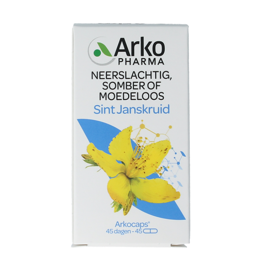 Arkocaps Sint Janskruid capsules in a bottle, herbal supplement for mood support, from the Arkocaps brand.