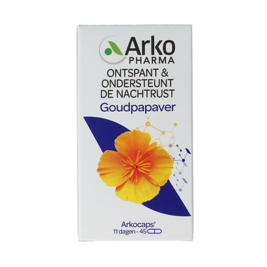 Arkocaps Goudpapaver herbal supplement capsules from Arkocaps, shown in a close-up image of the capsule container.