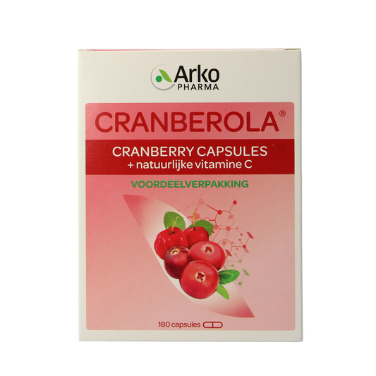 Cranberola Cranberry capsules, vegetarian herbal supplement, 180 capsules, shown in a bottle with label.