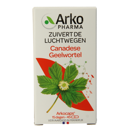 Arkocaps Canadese geelwortel capsules, herbal supplement, yellow capsules in a bottle, natural remedy by Arkocaps