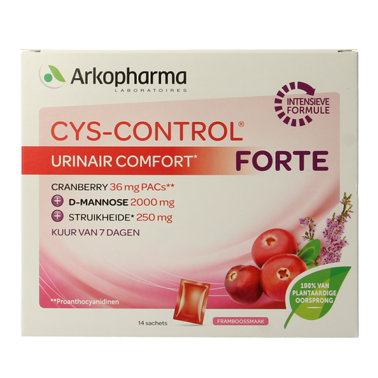 Cys-Control Forte 14.00 sachets of herbal supplement in a box, featuring the Cys-Control brand logo and packaging design.