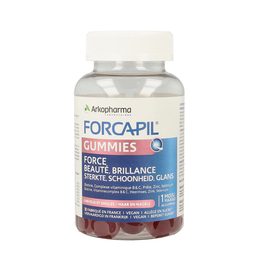 Forcapil Haar en Nagel multi-vitamin gummies in a clear bottle, showing colorful gummies designed to support hair and nail health.