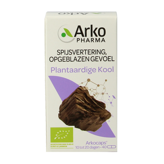 Arkocaps Plantaardige Kool bio capsules in a clear bottle, herbal supplement for digestion and detoxification.