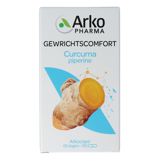 Arkocaps Curcuma capsules in a bottle, herbal supplement by Arkocaps, featuring bright yellow capsules on a white background.