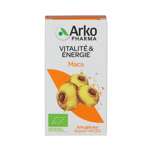 Arkocaps Maca bio capsules in a bottle, herbal supplement from Arkocaps, featuring 40 capsules of organic maca root.