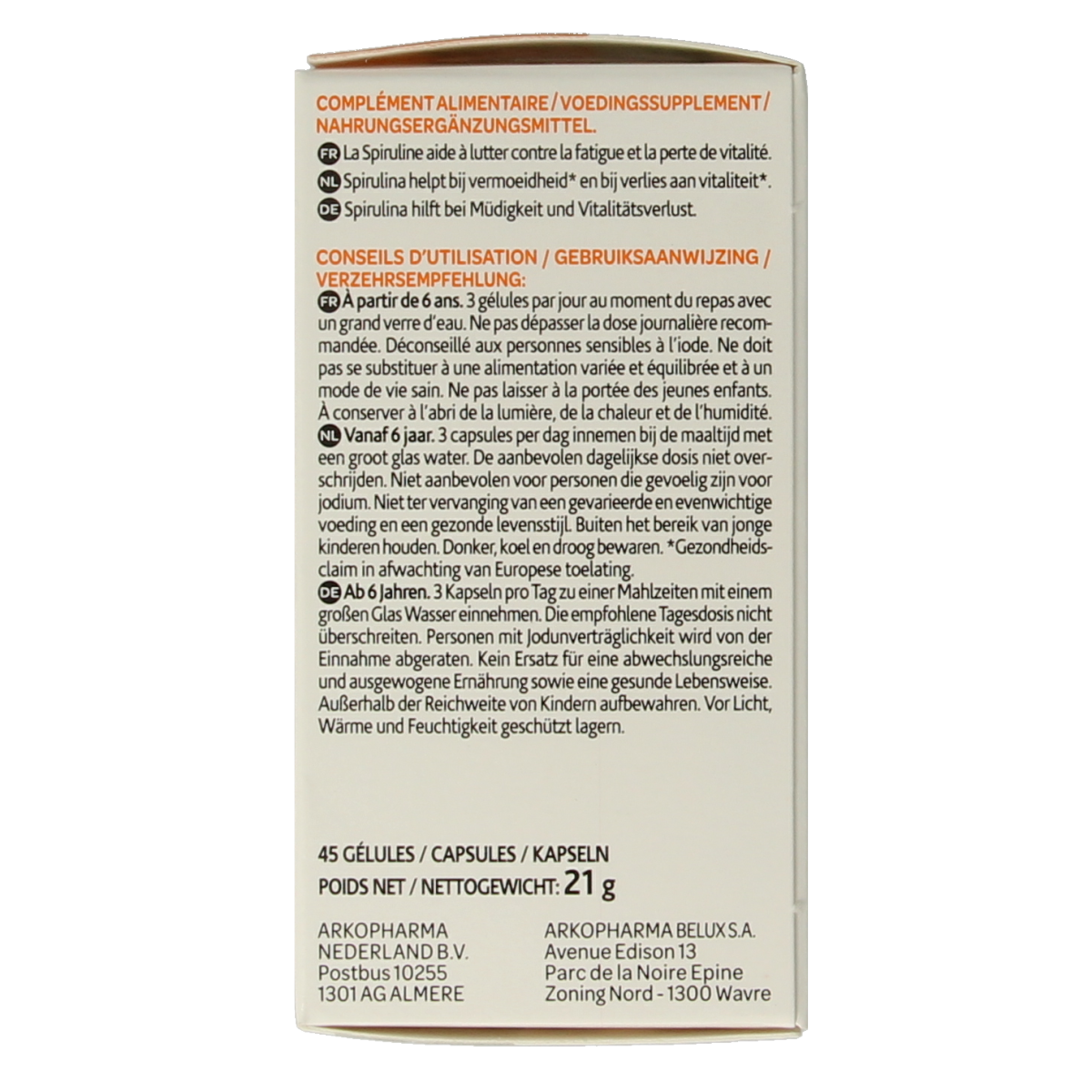 Arkocaps Spirulina  45.00 Capsules