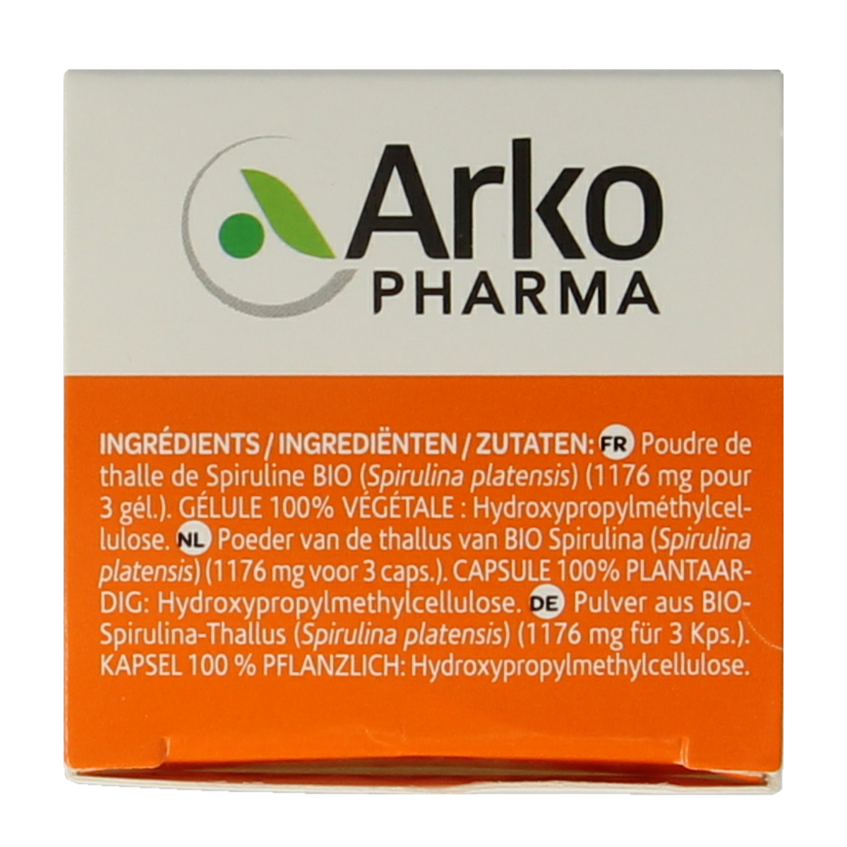 Arkocaps Spirulina bio capsules, herbal supplement in green bottle, showing 45 capsules for natural health support.
