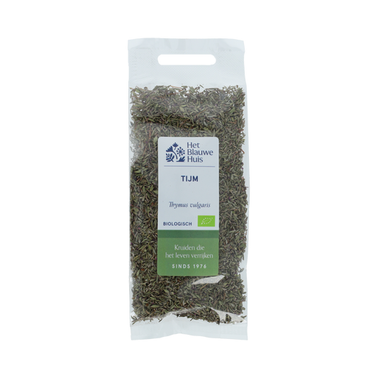 Organic thyme from Het Blauwe Huis in a 20g package, shown in a clear image, perfect for herbal seasoning and cooking.