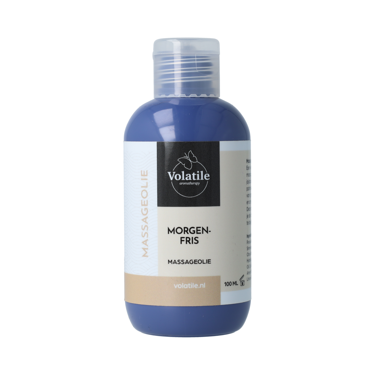 Volatile Morgenfris massage oil in a 100ml bottle, natural body care product with a bright yellow label and clear packaging.