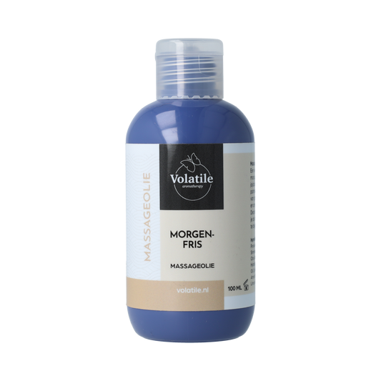 Volatile Morgenfris massage oil in a 100ml bottle, natural body care product with a bright yellow label and clear packaging.