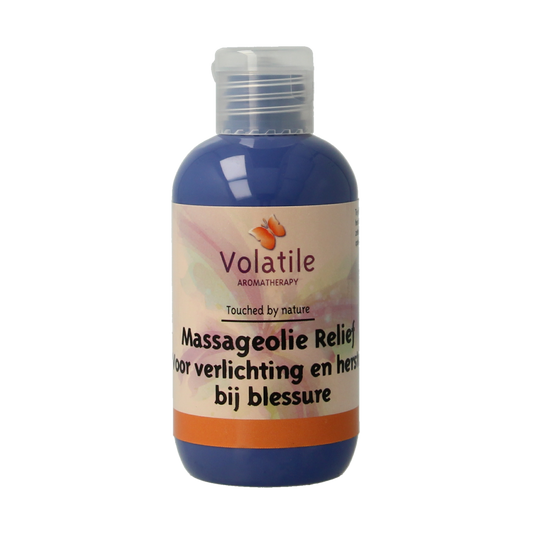 Volatile Relief Massage Oil 100ml, natural body care product with a clear bottle and label, designed for soothing massages.