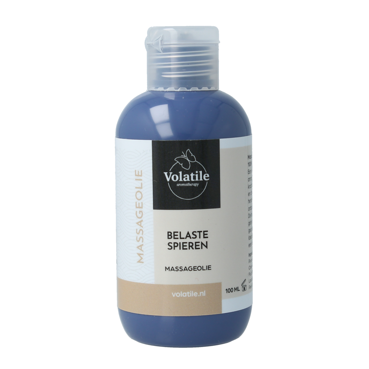 Volatile massage oil for muscle relief, 100ml, body care product with a clear label, in a transparent bottle with a white cap.