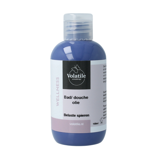 Volatile Badolie belaste spieren in 100ml bottle, used for relaxing muscles during bath or shower routines.