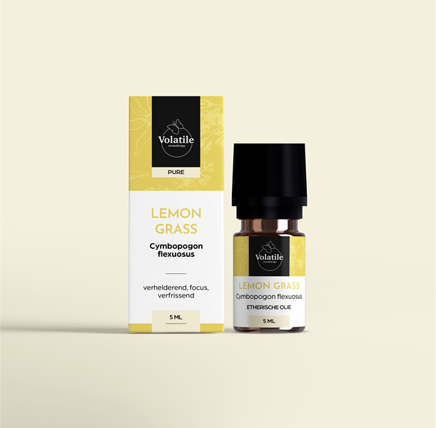 Volatile Lemongrass essential oil in a 5ml bottle, natural aromatic oil for aromatherapy and wellness.