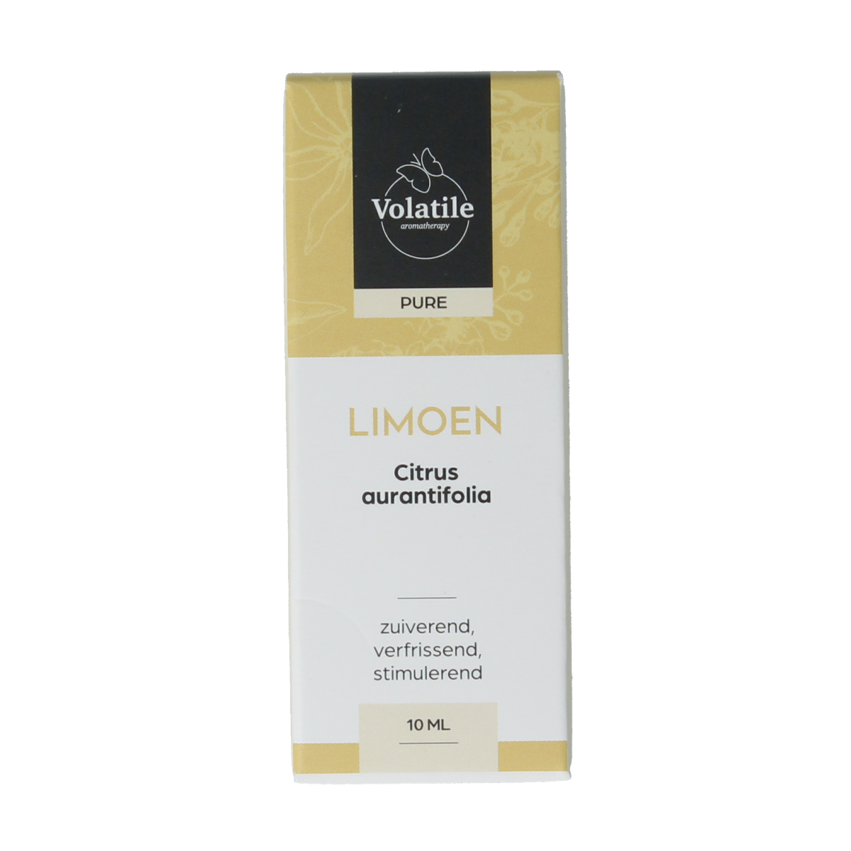 Volatile Limoen limette essential oil bottle, 10ml, with fresh lime citrus scent, in clear glass container.