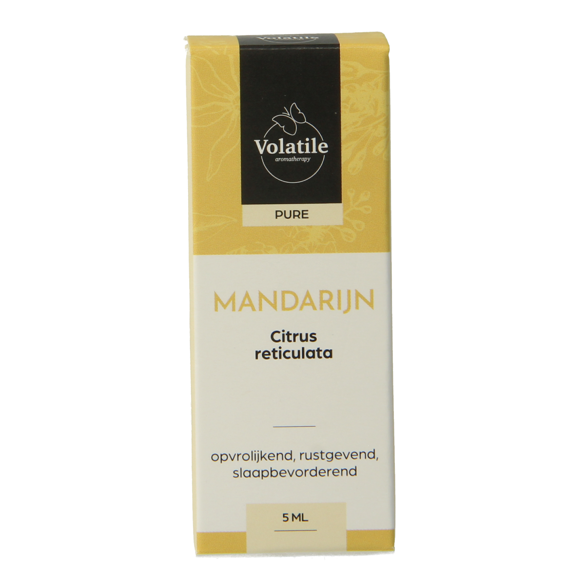 Volatile Mandarijn etherische olie in 5ml bottle, with fresh mandarin citrus fruit and botanical elements in the background.