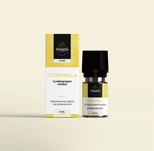 Volatile Citronella essential oil bottle with 10ml capacity, clear glass container with yellow liquid, branded by Volatile.
