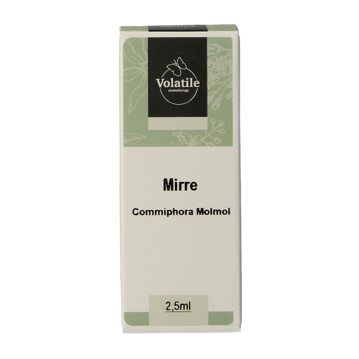 Volatile Mirre essential oil in a 2.50ml bottle, showing the amber glass container with the label.