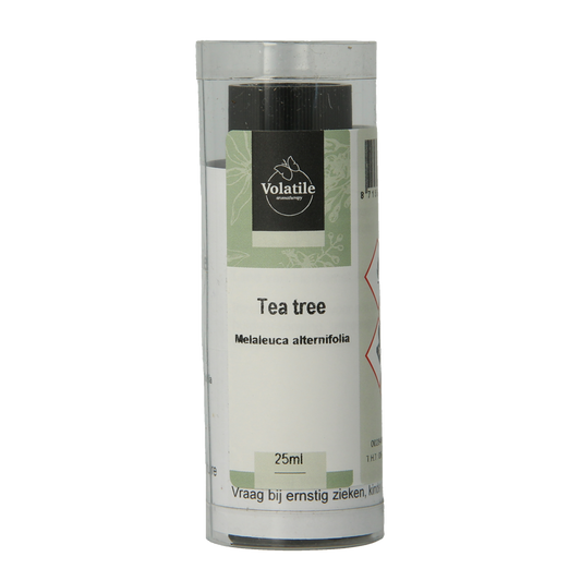Volatile Tea Tree essential oil bottle, 25ml, with amber glass and white cap, labeled as Etherische oliën by Volatile.