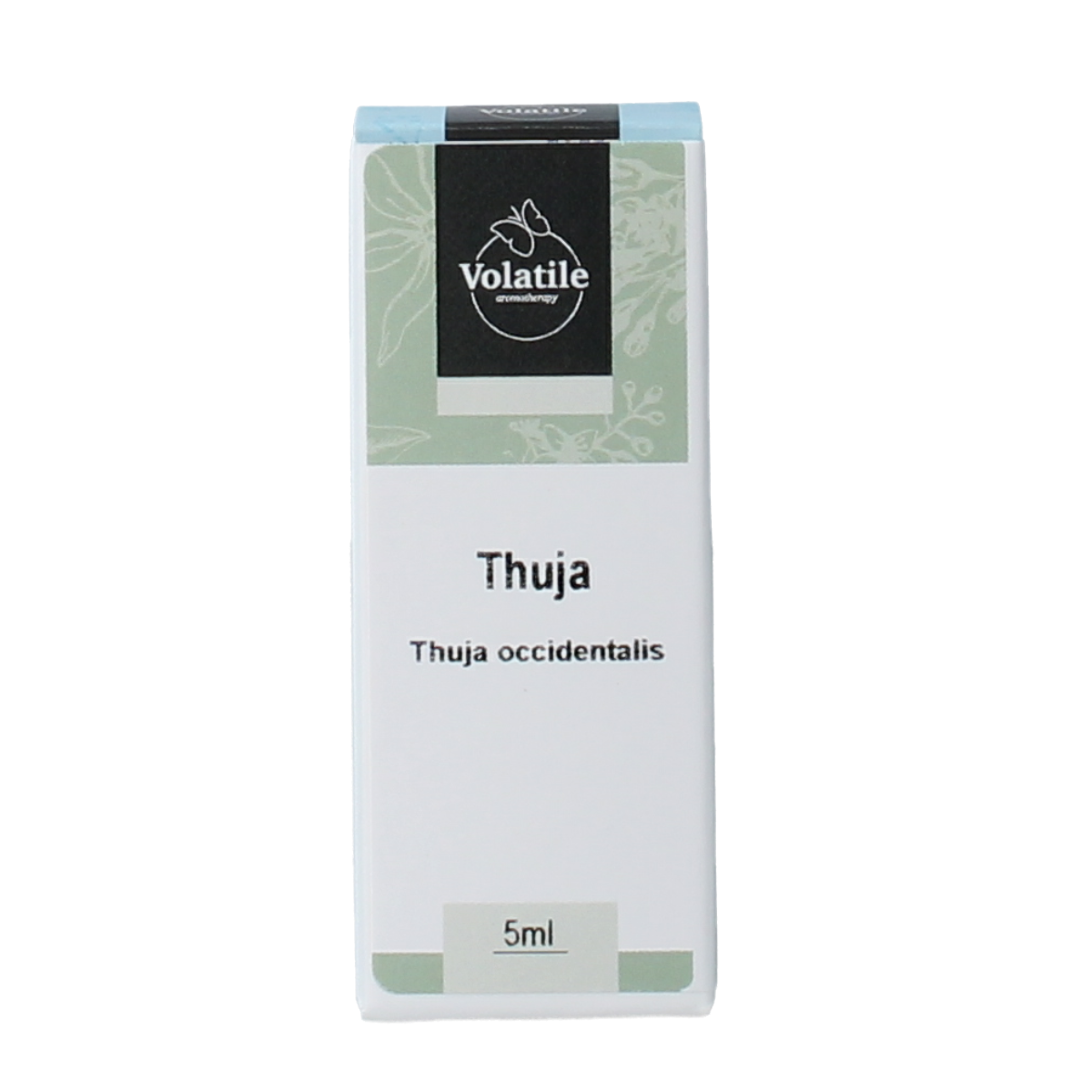 Volatile Thuja essential oil bottle with 5ml capacity, amber glass with white cap, label displaying product details.