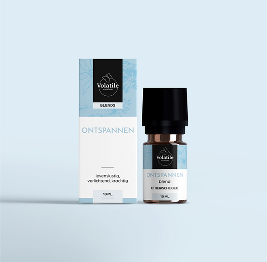 Volatile Ontspannen etherische olie in 10ml bottle, amber glass with dropper cap, labeled with brand and product details.
