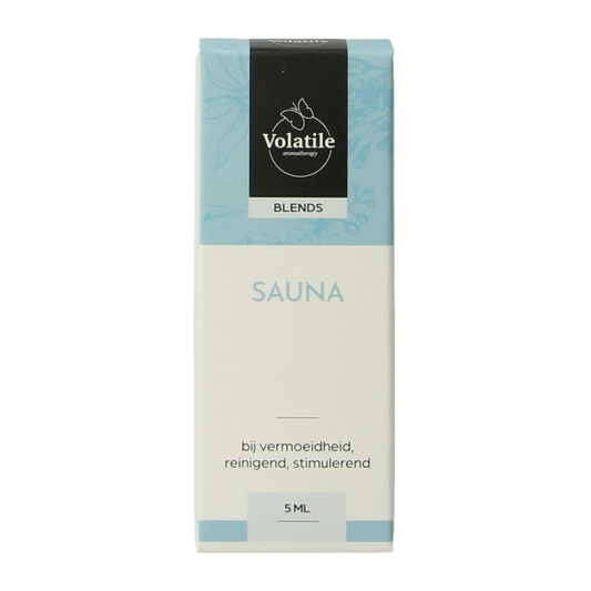 Volatile Sauna mengsel 5ml, essential oil blend with natural aromatherapy scent, in a clear glass bottle with a white cap.