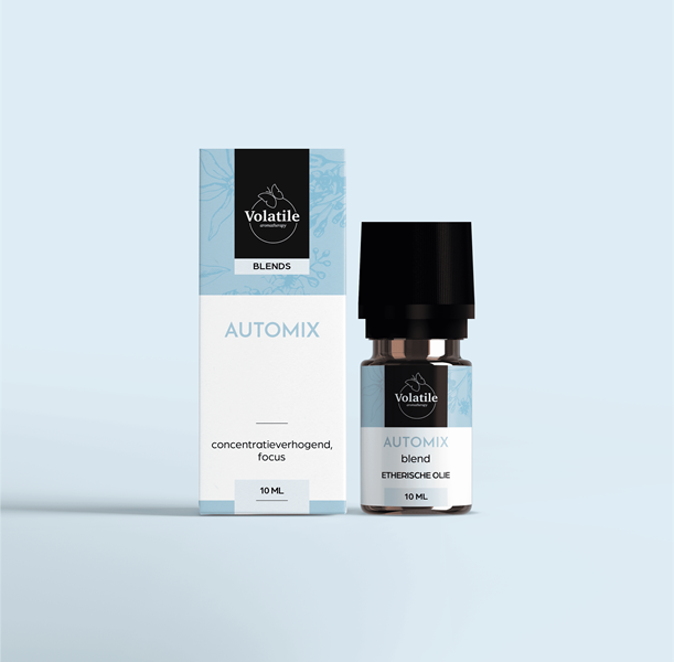 Volatile Auto Mix 10ml essential oil bottle, natural etherische oliën by Volatile, with a clear label and amber glass bottle.