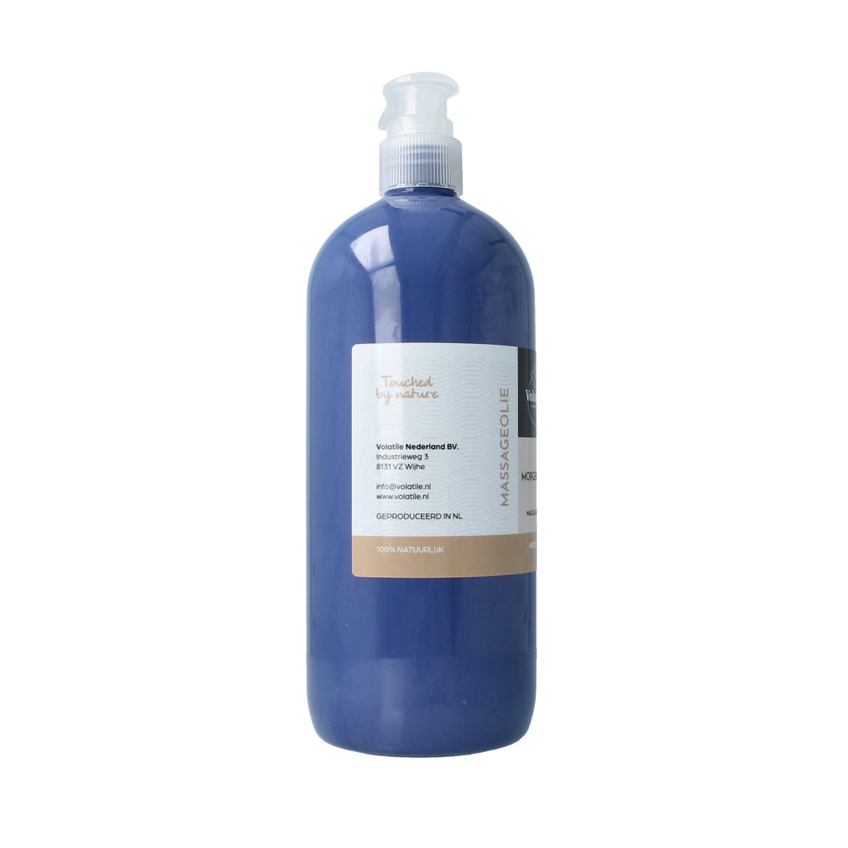Volatile Morgenfris massage oil in 1-liter bottle, body care product with vibrant orange label and natural scent.