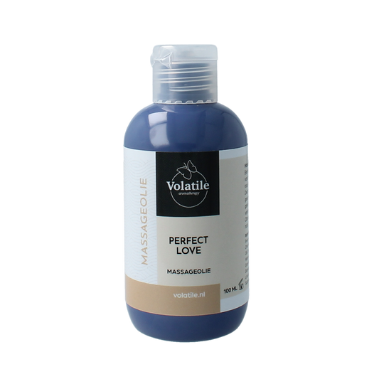 Volatile Perfect Love massage oil bottle, 100ml, with elegant packaging for body care and relaxation.