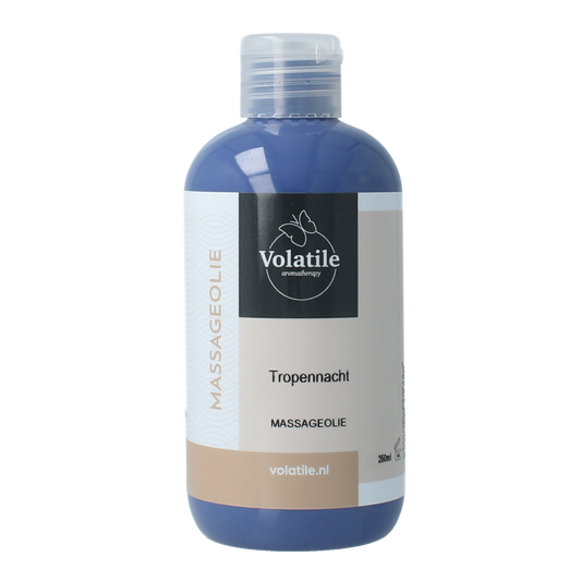 Volatile Tropennacht massage oil bottle, 250ml, natural body care product from Volatile, with dark blue packaging and label.