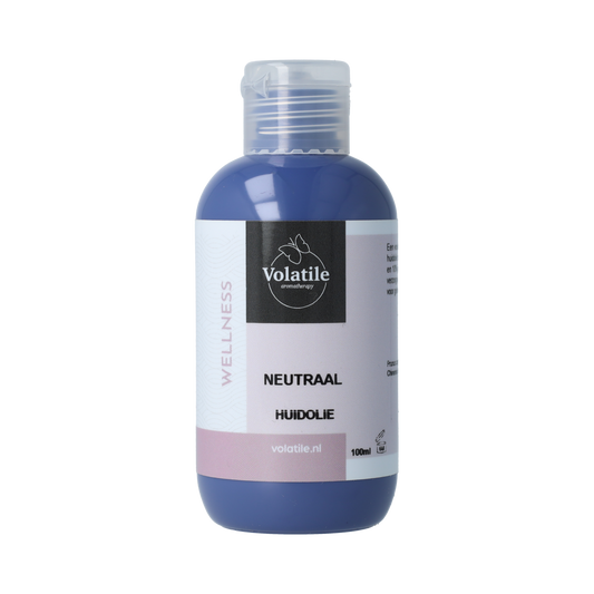 Volatile neutraal huidolie in 100ml bottle, natural body care product with clear glass container and label showing brand and product details.