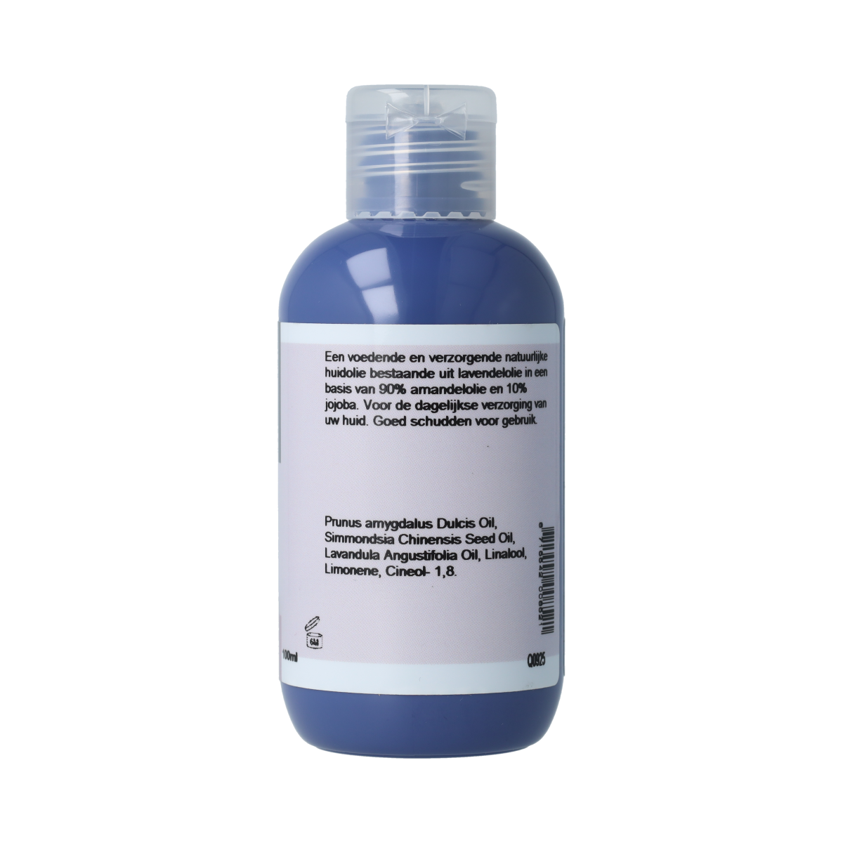 Volatile lavendel huidolie in 100ml bottle, natural body care product with lavender scent, shown in the image.