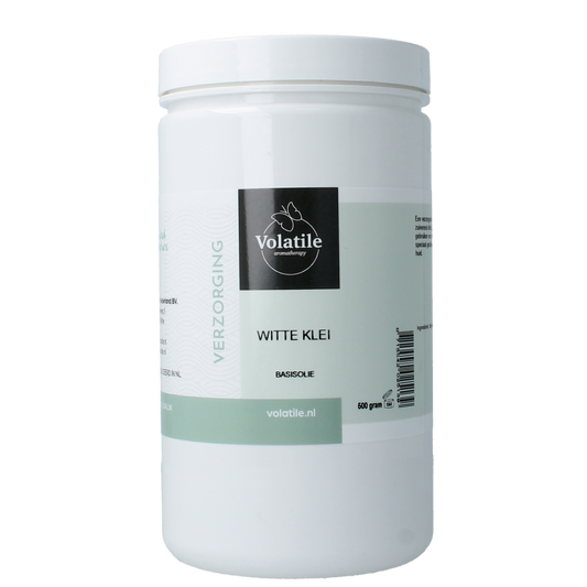 Volatile Witte klei poeder 500g, natural body care clay powder, white mineral clay in a clear container.