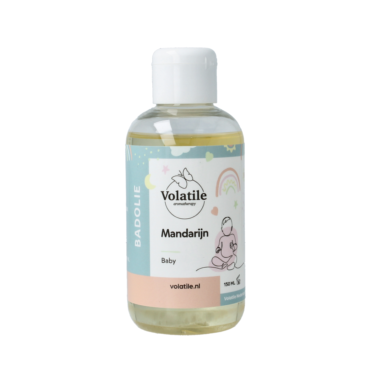 Volatile Badolie baby mandarijn bad- en doucheolie in 150ml bottle, featuring a bright citrus label with Mandarijn scent.