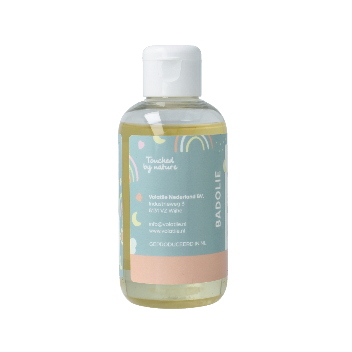 Volatile Badolie baby mandarijn in 150ml bottle, soothing bath and shower oil with citrus scent for gentle skin care.