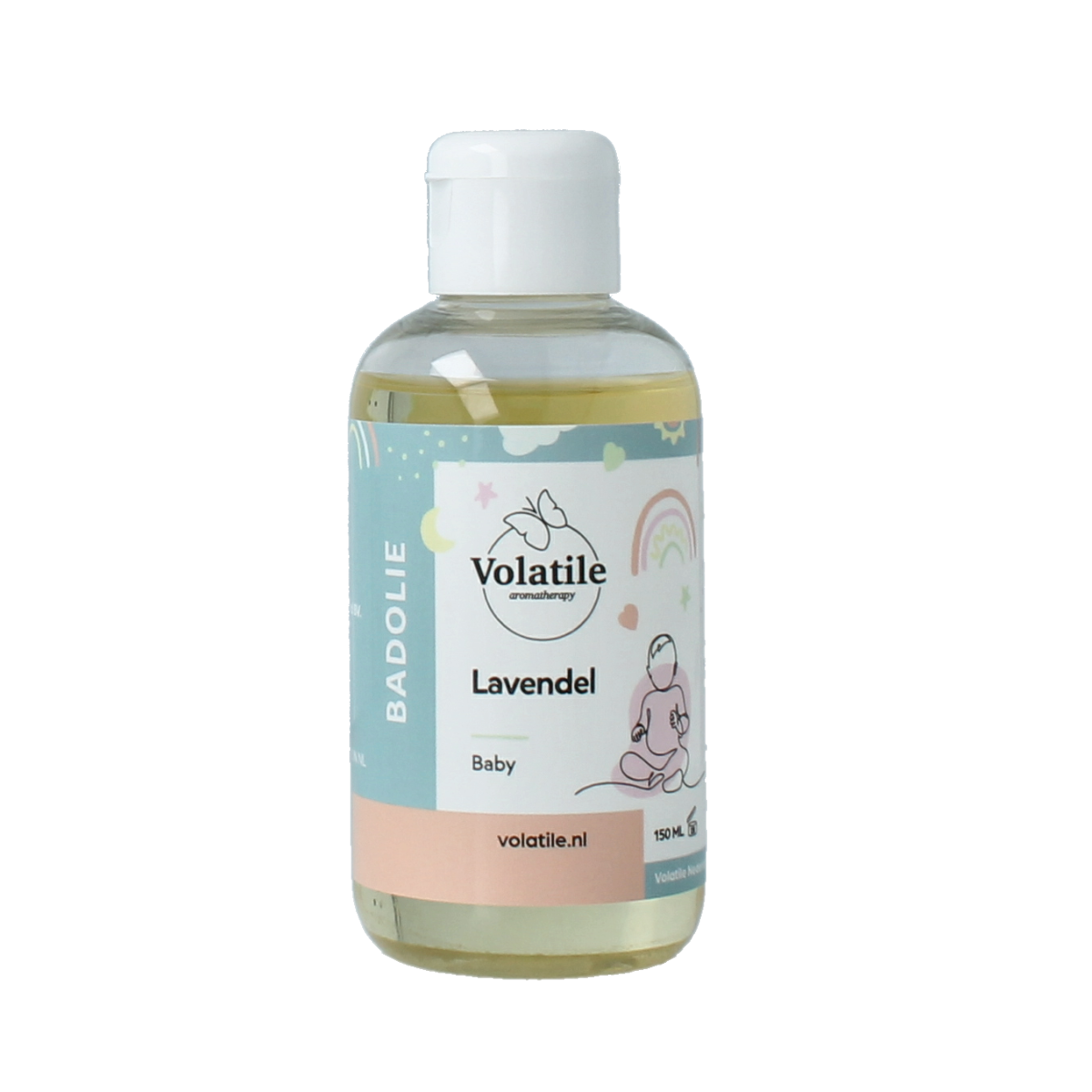 Volatile Badolie baby lavendel 150ml bottle for bath and shower, natural lavender scent in a clear plastic container