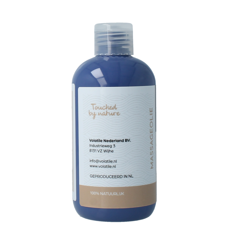 Volatile kokos massageolie 250ml bottle, natural body care product with a clear label, designed for soothing massage and skin nourishment.