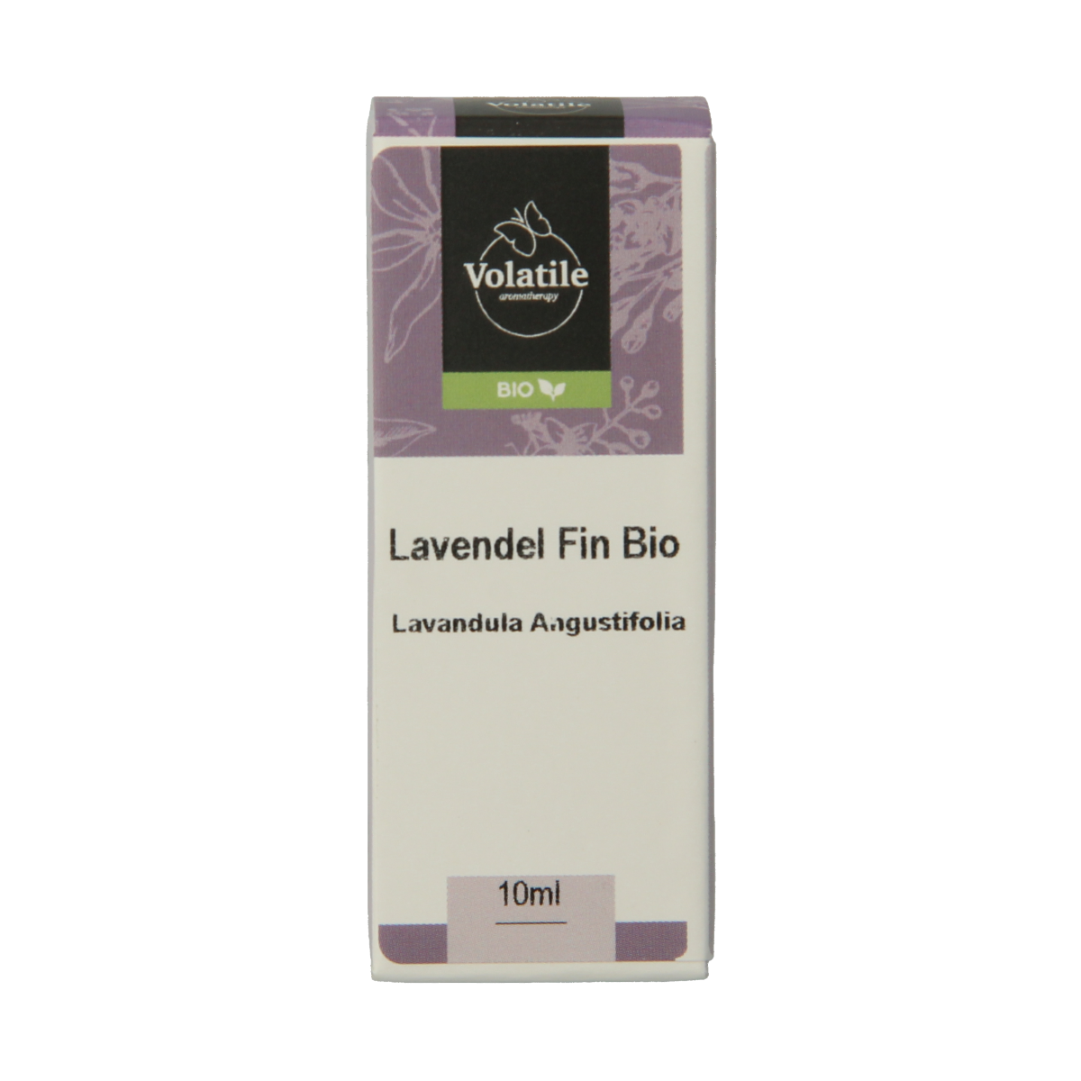 Volatile Lavendel fin Franse essential oil bottle, 10 ml, with lavender-colored cap and label, for aromatherapy and wellness.