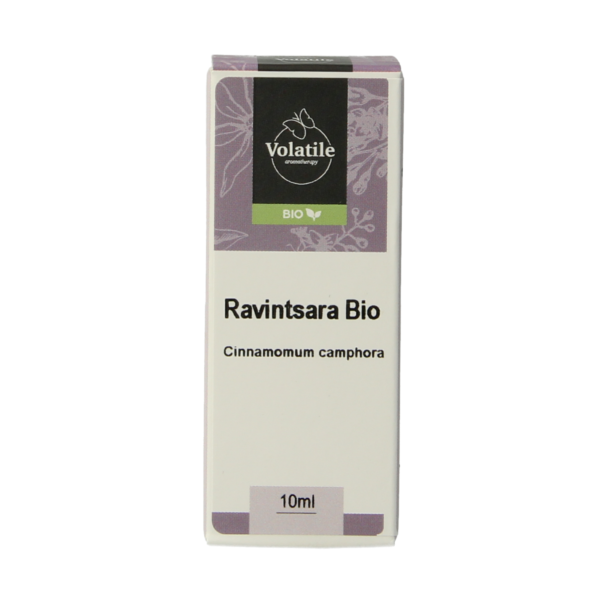 Volatile Ravintsara organic essential oil bottle, 10ml, with a dark glass container and label showing product details.