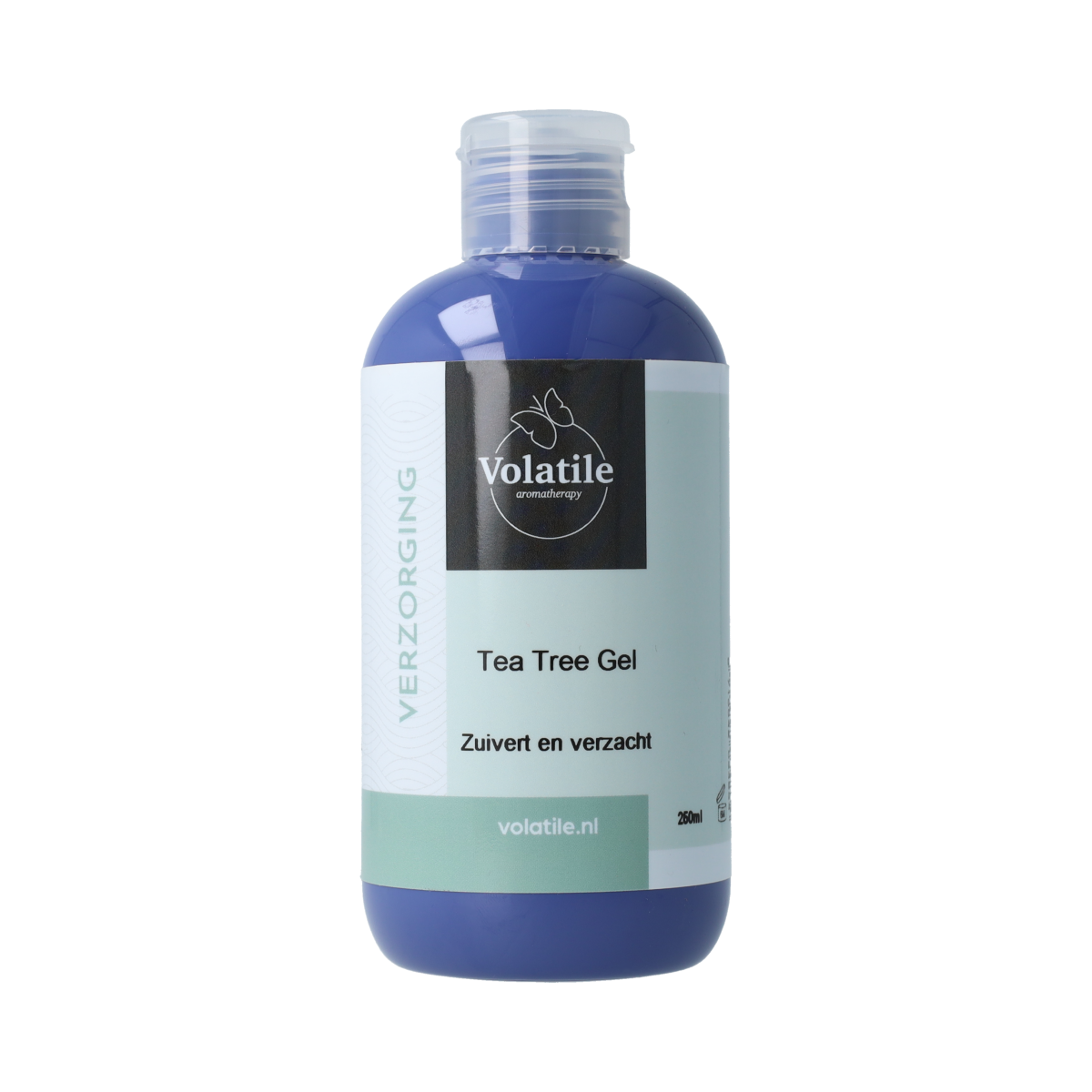 Volatile Tea Tree Gel in 250ml bottle, a natural body care product with tea tree extract for skin soothing and refreshing.