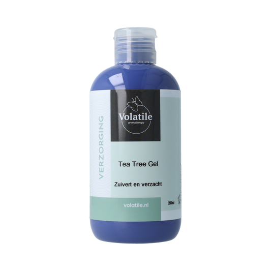 Volatile Tea Tree Gel in 250ml bottle, a natural body care product with tea tree extract for skin soothing and refreshing.